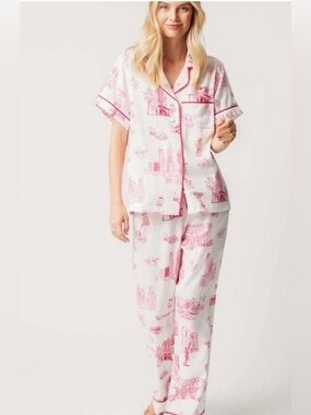 Katie Kime White Pajama Set with Pink Toile Atlanta Print
